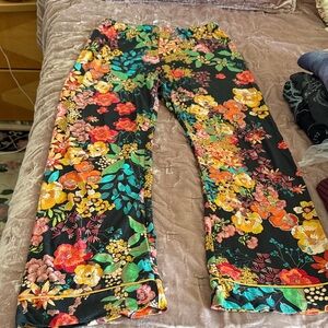 Floral Black Elastic Waist pants with Bright Blooms